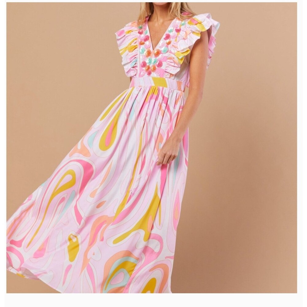 Sheridan French Stacey Dress Womens M Multicolor Peony Wave Ruffle Maxi Sundress